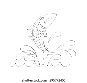 Vector sketch of fish jumped out of water. Splash in water and drops. Linear drawing. Fast drawing. Freehand drawing.