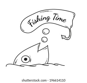 vector, sketch, fish and speak bubble with fishing time