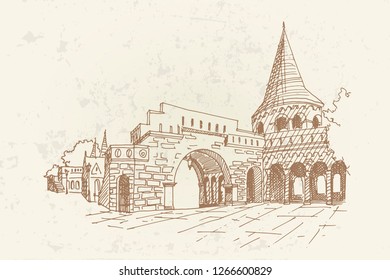 vector sketch of Fisherman Bastion, Budapest, Hungary.