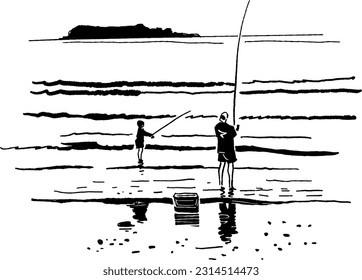 vector sketch of the fisherman and his son catching fish