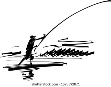 The vector sketch of the fisherman on the beach