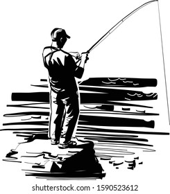 Vector sketch of fisherman on the ocean. 