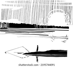 boceto vectorial del pescador en el río