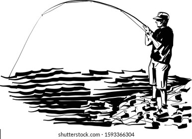 the vector sketch of the fisherman on the rocks 