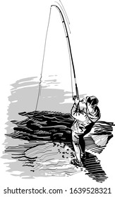 The vector sketch of the fisherman with rod on the rocks