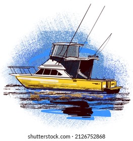 the vector sketch of the fishing boat in the ocean