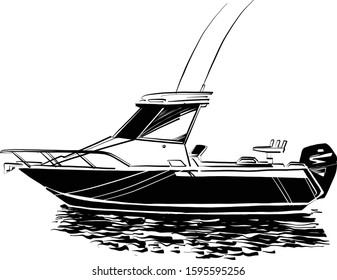 the vector sketch of the fishing boat on the ocean