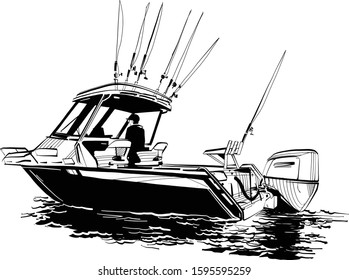 the vector sketch of the fishing boat on the ocean