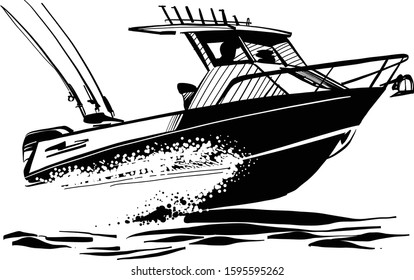 the vector sketch of the fishing boat on the ocean