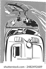 vector sketch of the fishing boat and team catching the big blue tuna in the water