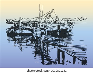 Vector sketch of fishing boats moored near wooden bridge at sunset in Southeast Asia, Cambodia, Hand drawn illustration