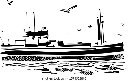 the vector sketch of the fishing ship in the ocean