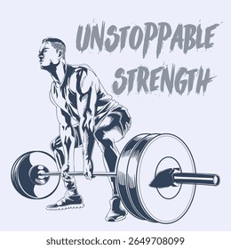 Vector Sketch of Fit Man Lifting Heavy Barbell in Deadlift Workout Pose