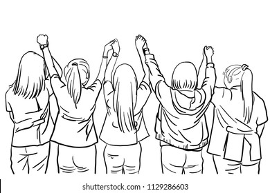 Vector sketch of five woman with hands raised celebrate cooperation, celebrating success concept.
