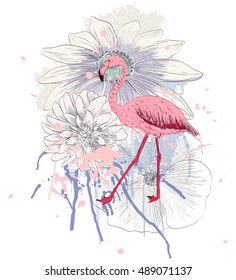 Vector sketch of a flamingo with flowers. Hand drawn illustration