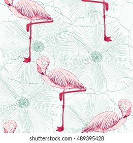 Vector sketch of a flamingo with flowers. Hand drawn illustration
