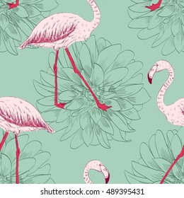 Vector sketch of a flamingo with flowers. Hand drawn illustration