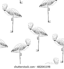 vector sketch of a flamingo. hand drawn seamless pattern