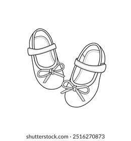 Vector sketch of flat sandals for babies or kids with velcro straps and anti-slip. Ribbon accessory on the front. Isolated on a white background