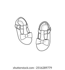 Vector sketch of flat shoes for babies or kids with buckle and anti-slip. Ribbon accessory on the front. Outline vector doodle illustration isolated with a white background. 