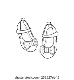 Vector sketch of flat shoes sandals for babies or kids with velcro strap and anti-slip. Ribbon accessory on the front. Floral motif on the side. Isolated on a white background