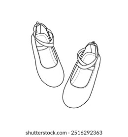 Vector sketch of flat shoes and sandals for babies or kids with elastic straps and zippers on the back. Isolated on a white background