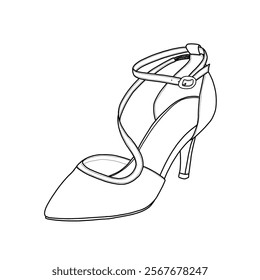 Vector sketch of flat shoes for women's mid-heel ankle strap, pumps pointed toe, party shoes, stiletto. Outline vector doodle illustration, front, and side view, isolated on white background 