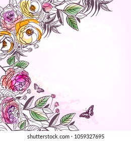 vector sketch flower background card rose pions