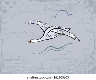 Vector sketch of a flying goose on a grungy background.