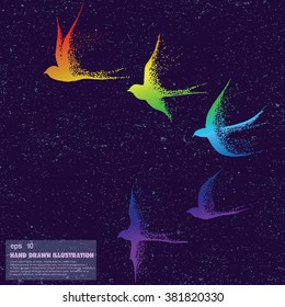 Vector sketch of flying rainbow birds silhouettes. Hand drawn illustration in dot art style