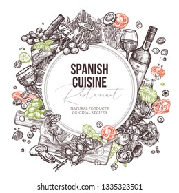 Vector Sketch Food Spanish Cuisine Dishes Background With Round Banner. Mediterranean Menu. Hand Drawn Illustration With Meat, Wine, Jamon, Vegetables, Salads Olive