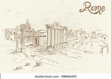 vector sketch of Foro Romano. Rome. Italy. Retro style.