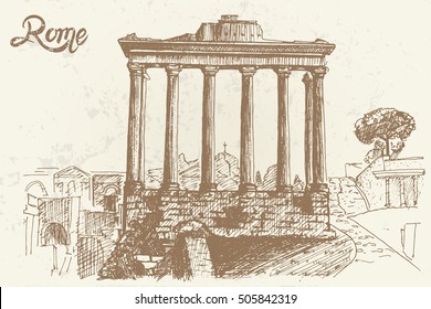 vector sketch of Foro Romano. Rome. Italy. Retro style.