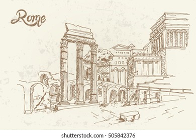 vector sketch of Foro Romano. Rome. Italy. Retro style.