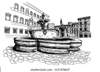 vector sketch of fountain from old bathtub on square if front of embassy of France. Rome. Italy.