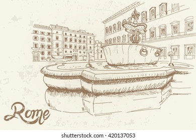 vector sketch of fountain from old bathtub on square if front of embassy of France. Rome. Italy.