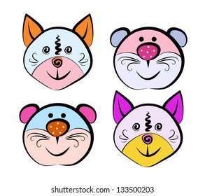 Vector sketch of four muzzles of little animals on a white background.