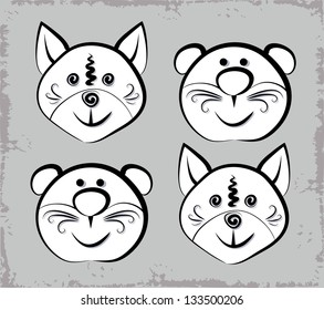 Vector sketch of four muzzles of little animals.