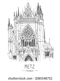 Vektorskizzierungsfragmentierung Architektur der Metz Kathedrale, handgezeichnete Skizze, grafische Illustration. Städtische Skizze in schwarzer Farbe einzeln auf weißem Hintergrund. Handgezeichnete Reisepostkarte. Reiseskizze.