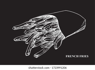 Vector sketch of french fries isolated on black background, graphical engraved  illustration, fast food poster