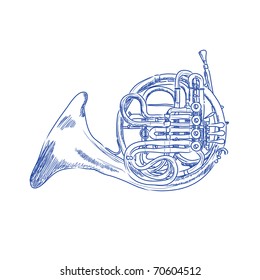 Vector Sketch Of A French Horn In Blue Ink