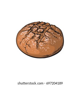 vector sketch fresh dark brown round rye bread loaf. Detailed hand drawn isolated illustration on a white background. Flour pastry products, bakery banner, poster design object