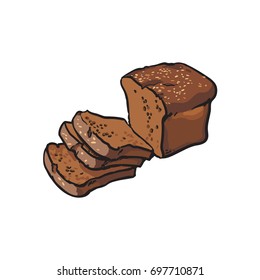 vector sketch fresh dark brown sliced rye bread . Detailed hand drawn isolated illustration on a white background. Flour pastry products, bakery banner, poster design object