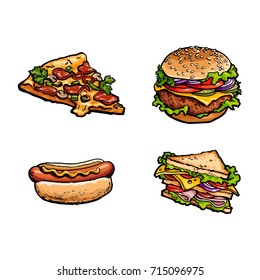 Vector sketch fresh sandwich, burger sausage hot dog, cheese and pepperoni pizza slice set. Fast food cartoon isolated illustration on a white background.