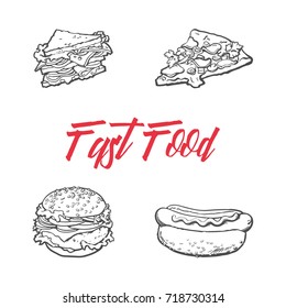 Vector sketch fresh sandwich, burger sausage hot dog, cheese and pepperoni pizza slice set. Fast food cartoon isolated illustration on a white background.