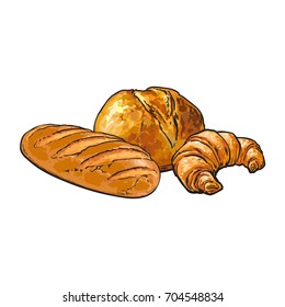 vector sketch fresh white loaf bread, Croissant set . Detailed hand drawn isolated illustration on a white background. Flour pastry products, bakery banner, poster design object