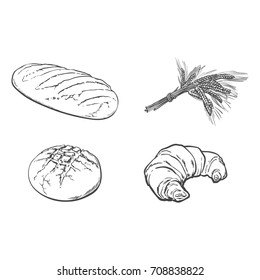 vector sketch fresh white loaf bread, Croissant set . Detailed hand drawn isolated illustration on a white background. Flour pastry products, bakery banner, poster design object