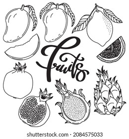 Juego de iconos de boceto vectorial de fruta. Colección decorativa de productos de granja hechos a mano para menú, etiqueta de mercado. Mango, granada, limón y fruta del dragón. Esquema moderno. Esbozo de fruta exótico.