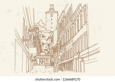 vector sketch of funicular and Lotrscak tower in Zagreb. Croatia.