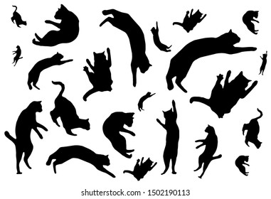 Vector sketch of a funny happy ginger silhouette cat flying and dancing on an isolated white background